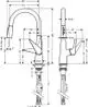 Hansgrohe Spültischmischer mit ausziehbarer Brause. Front- und Seitenansicht mit technischem Maßschema und Anschlussinformationen.